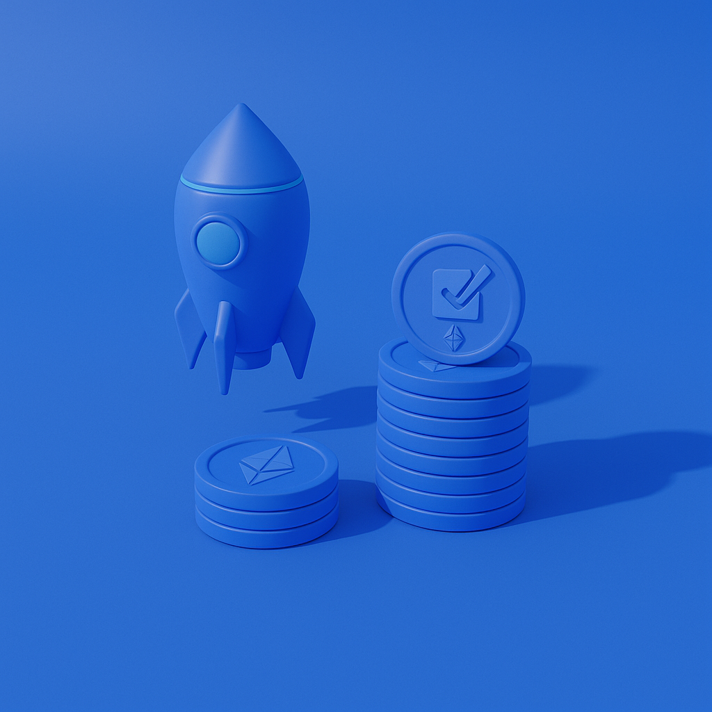 Illustration of a rocket and cryptocurrencies representing high APYs
