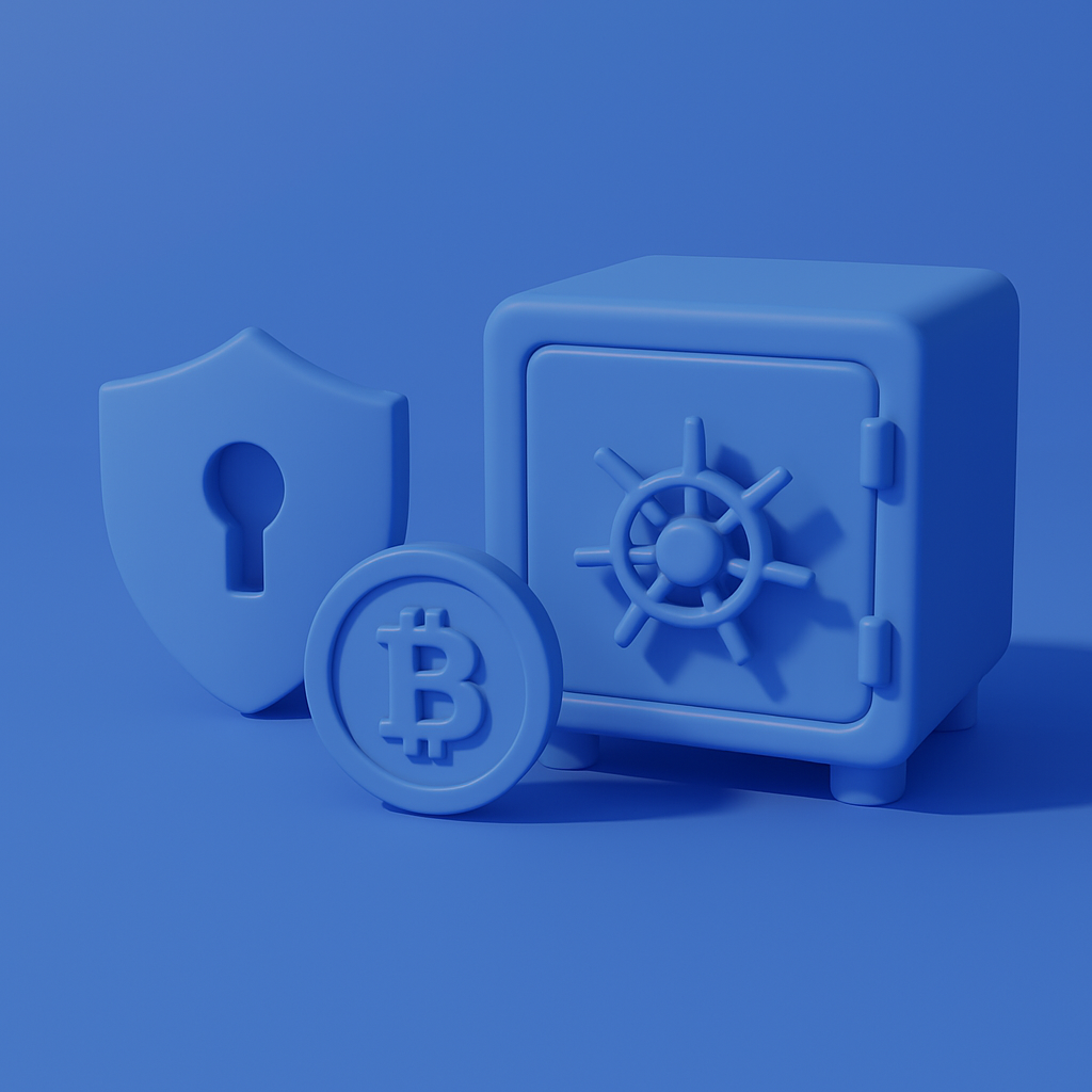 Illustration of a safe with cryptocurrency to represent a safe custody