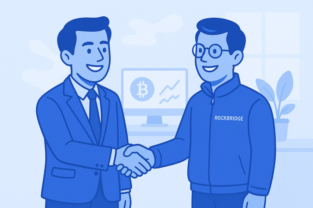 Illustration of a man happy buying crypto with RockBridge